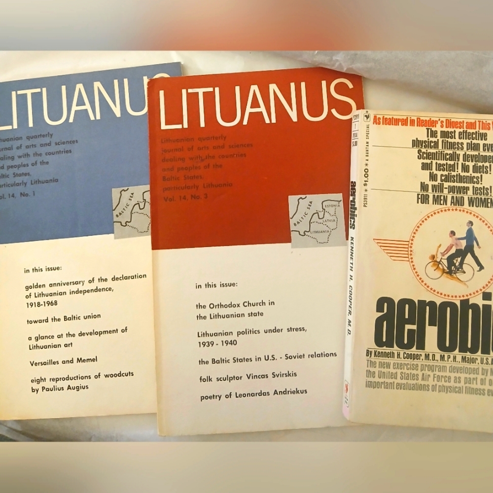 Paperback book aerobics & two LITUANUS books of arts and science.